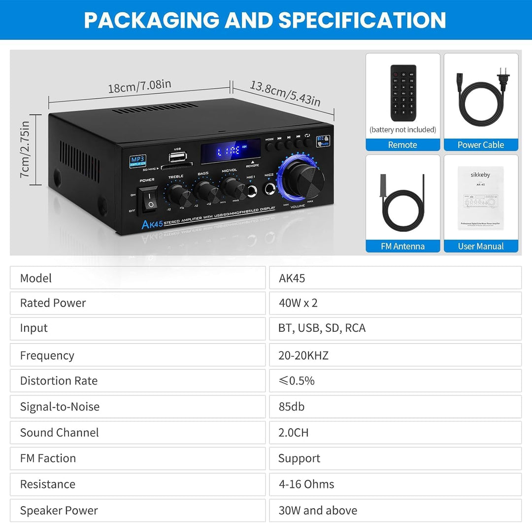 HiFi-Verstärker AK45 Mini Bluetooth Stereo-Audioverstärker Receiver 12V/ 220V 400W 2 Kanäle Digitale