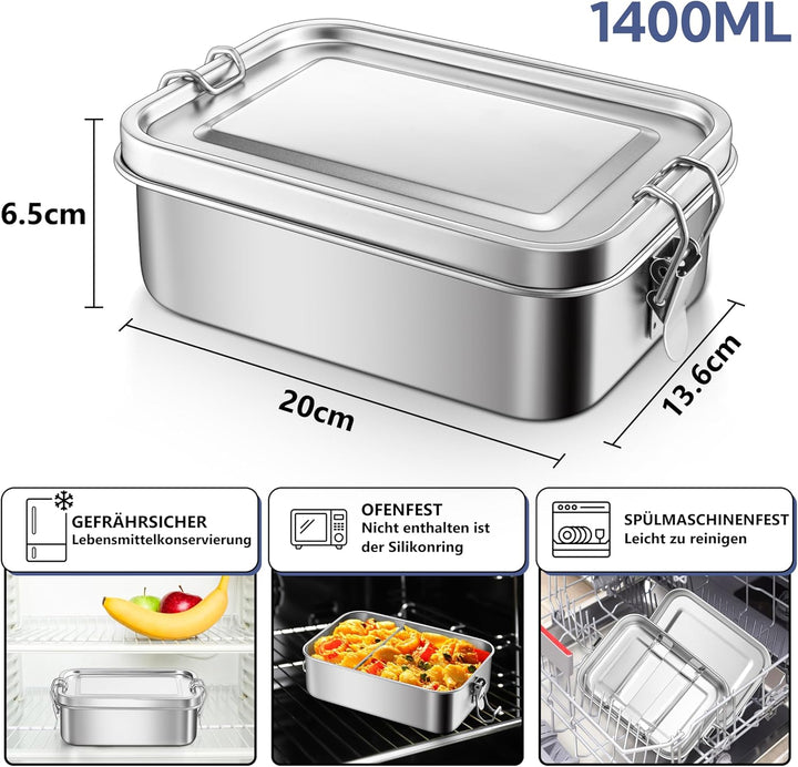 HaWare Brotdose mit Fächern, Edelstahl Bento Box mit Tasche, 1400ml Lunchbox für Kinder &amp; Erwachsene