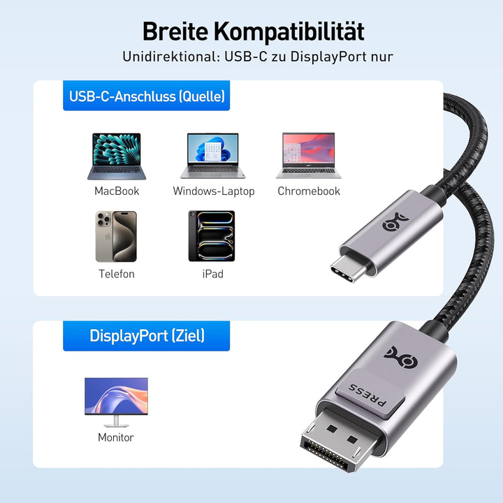 Cable Matters Premium Braided USB C DisplayPort Kabel 8K 60Hz 1,8m (USB C auf DisplayPort Kabel, USB