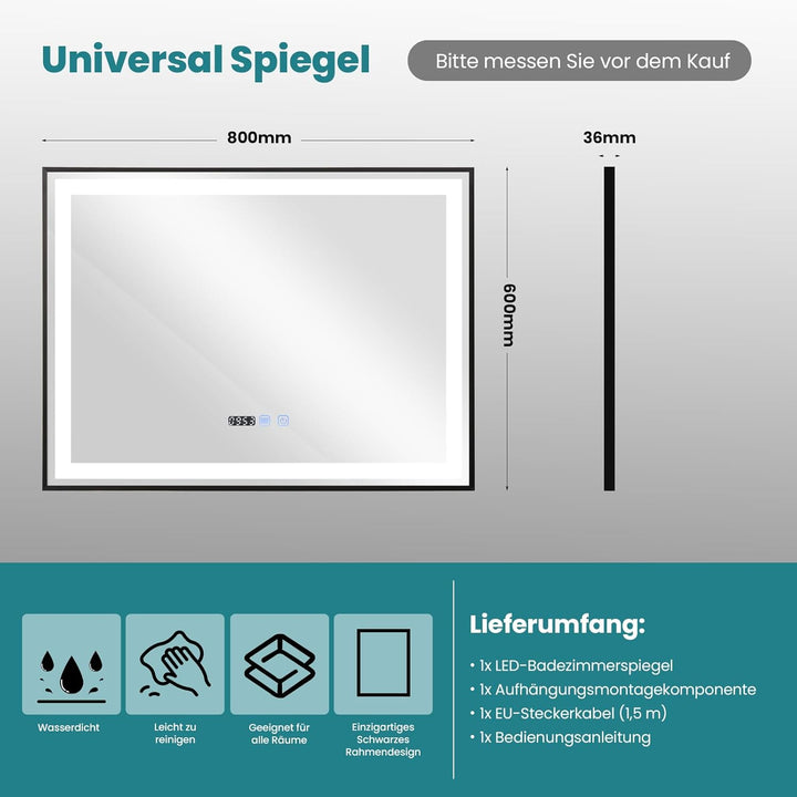 YU YUSING Badspiegel mit Beleuchtung 80x60cm Badezimmerspiegel mit Beschlagfrei 3 Lichtfarbe Dimmbar