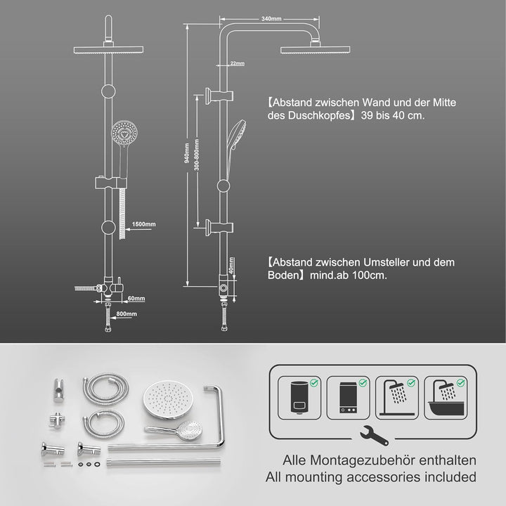 JOHO Edelstahl Duschsystem Duschset Duschstange Regenduschset mit ABS Kopfbrause D23cm ABS YT-D23cm
