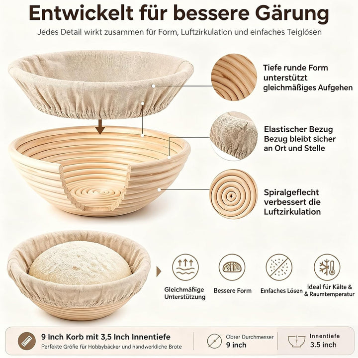 Gärkörbchen Für Sauerteig Starter Set, 23 cm Gärkorb Rund Rattan, Brotbackset Komplettes Set mit Sau