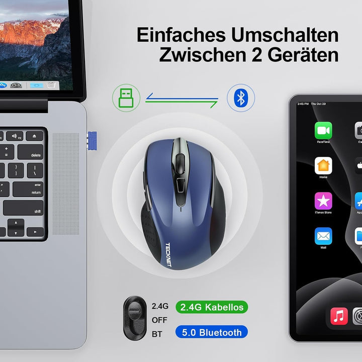 TECKNET Bluetooth Maus, Wiederaufladbare Kabellose Bluetooth Maus (DREI Modi: BT 5.0/3.0 + 2,4 G), 4