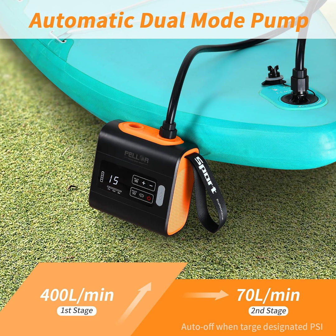 PELLOR Elektrische SUP Pumpe, 22 PSI Tragbare SUP Luftpumpe mit Akku, zweistufiges Aufblasen und Ent