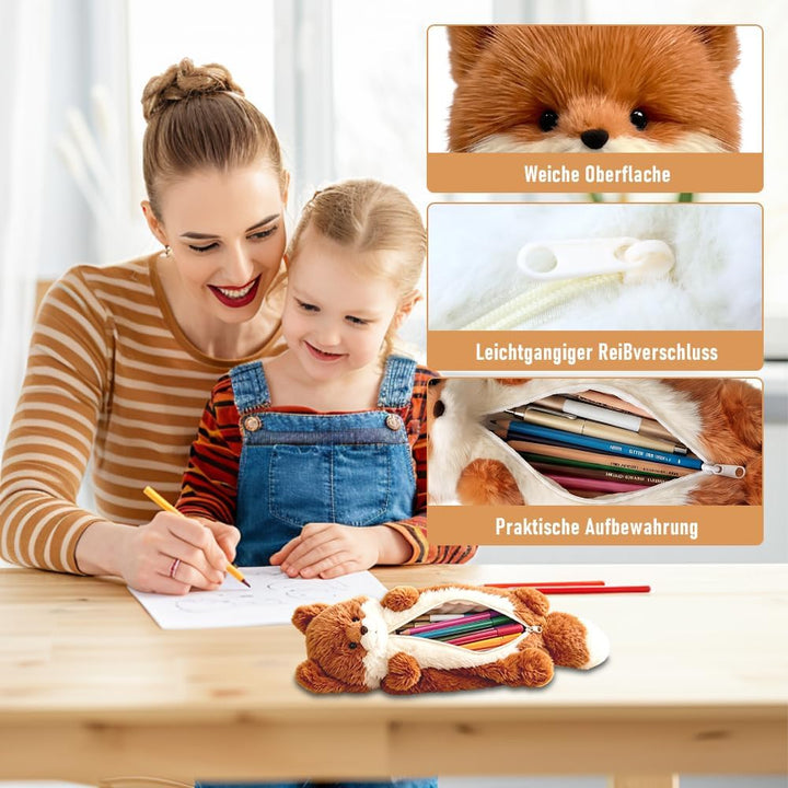 2er Set Plüsch Federmäppchen mit Fuchs Motiv, Weiss &amp; Braun