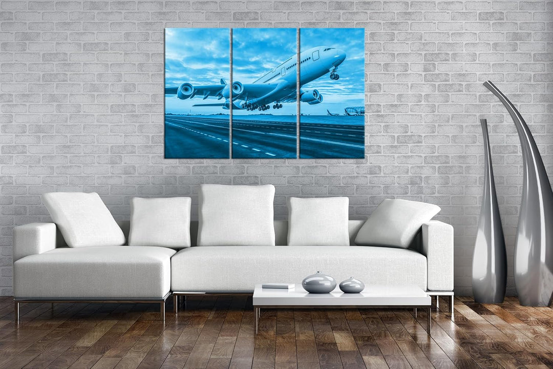 deyoli Flugzeug bei Sonnenuntergang Format: 120x80 cm (3Teilig) Effekt: Monocrome Blau als Leinwandb