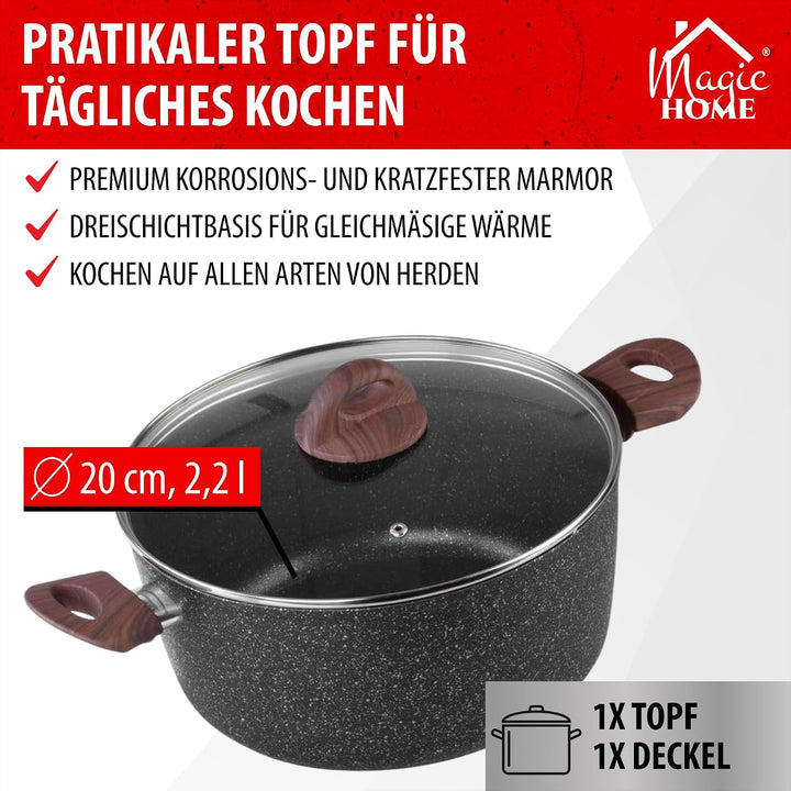 MAGIC HOME Aluguss Topf 20 cm INDUKTION | Marmor Antihaft | Kleiner Beschichteter Kochtopf mit Glasd