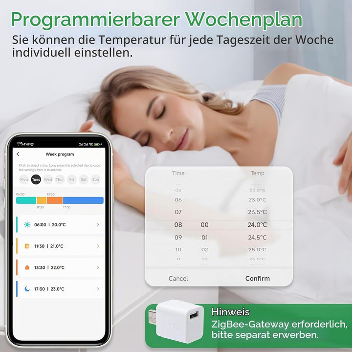 Wengart Zigbee Thermostat Heizkörperventil 1413E, TRV Temperaturregelung, Fenstererkennungsfunktion,