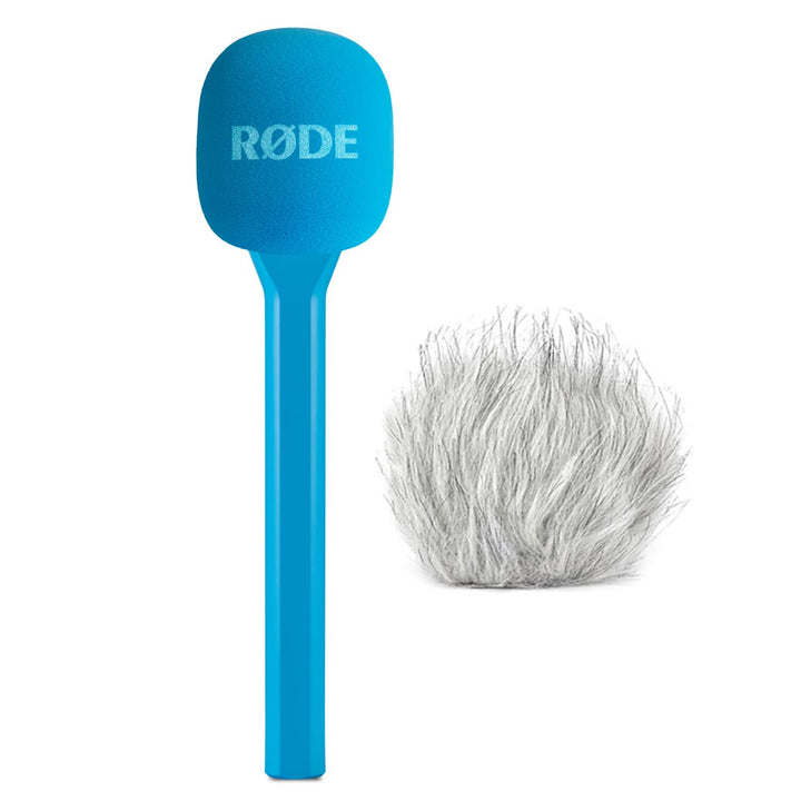 Rode Interview GO Handadapter für Wireless Sendemodule Blau mit keepdrum Fell-Windschutz, Blau