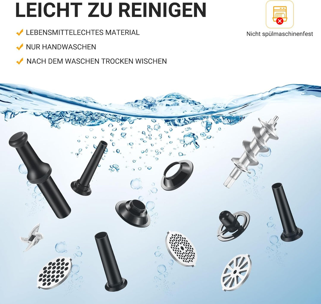 AOBOSI 3-In-1 Fleischwolf Elektrisch Mit 3 Edelstahl-Schleifplatten,1 Kubbe &amp; 3 Wurstfüllrohren, [30