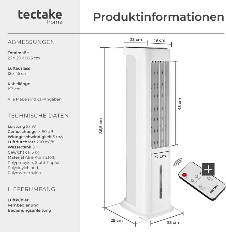 tectake® Luftkühler, 4in1, extrem leise, energiesparend, mit 5 l Wassertank, Touch-Display, 3 Modi,