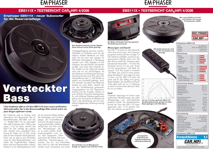 EMPHASER EBS111X – Aktivsubwoofer für Reserveradmulde oder Ersatzrad – 28 cm / 11" Auto Subwoofer mi
