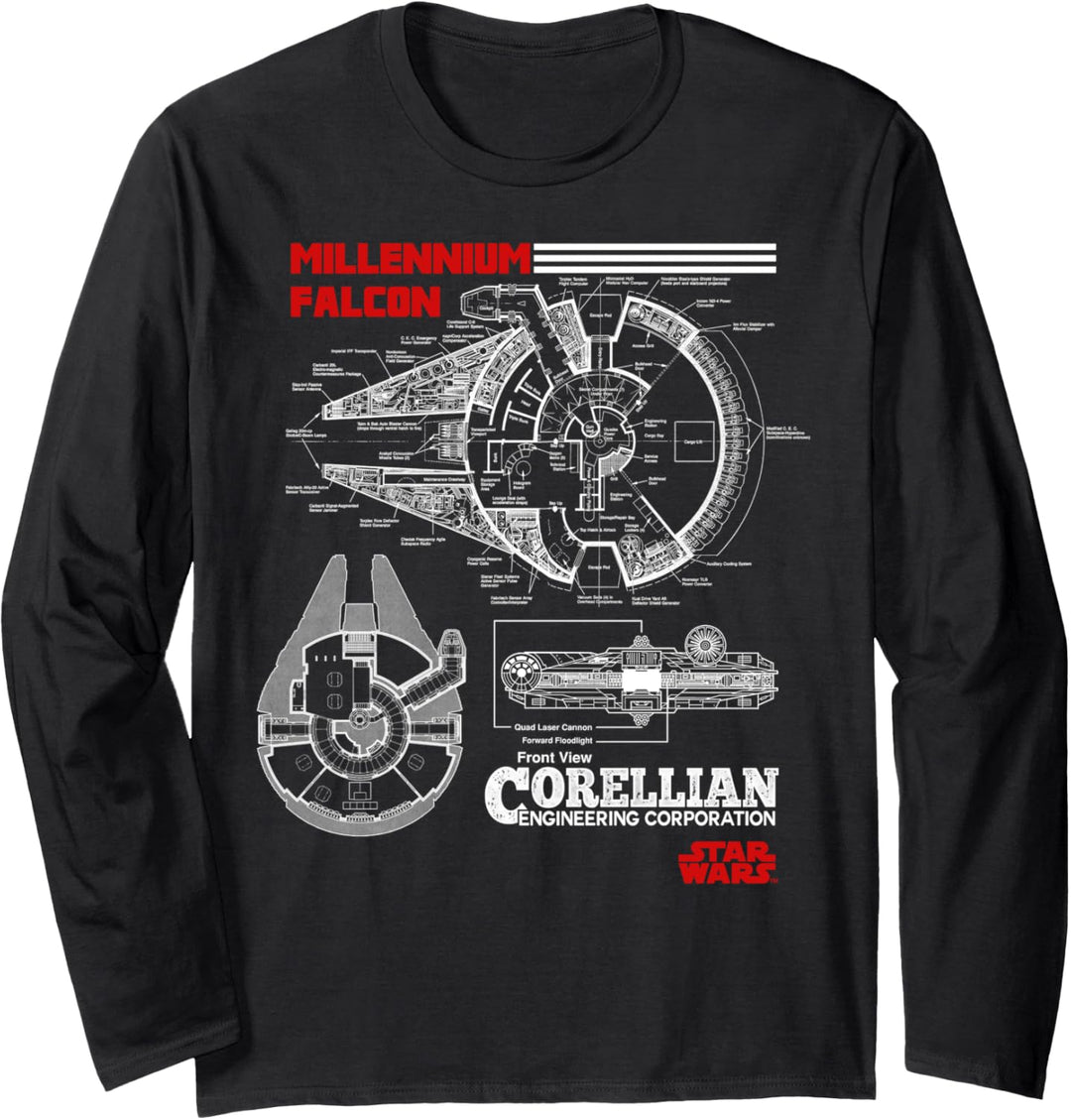 Star Wars Millennium Falcon Red Schematics Poster Langarmshirt