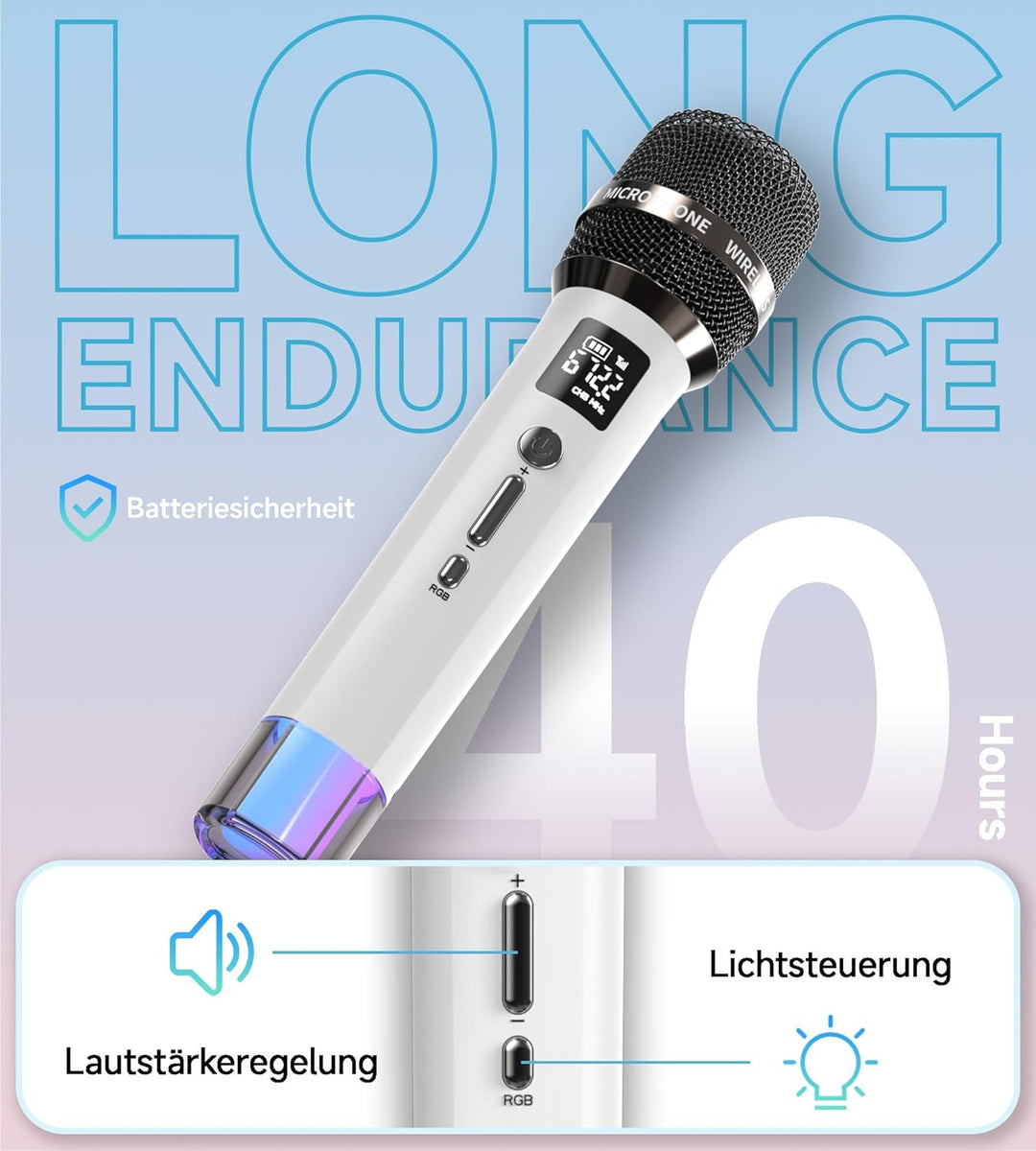 Mikrofon Kabellos, Mikrofone mit Eins-zu-Eins-Chip-Verbindung und LED-Leuchten, 40 Stunden Laufzeit,