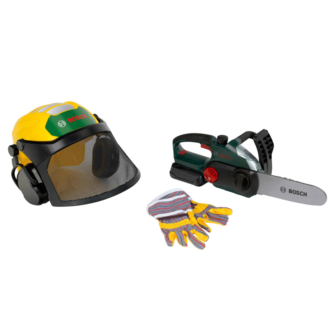 Theo Klein 8197 Bosch Waldarbeiter-Set Mit Kettensäge, Forsthelm &amp; Handschuhen Realistisches Sägeger