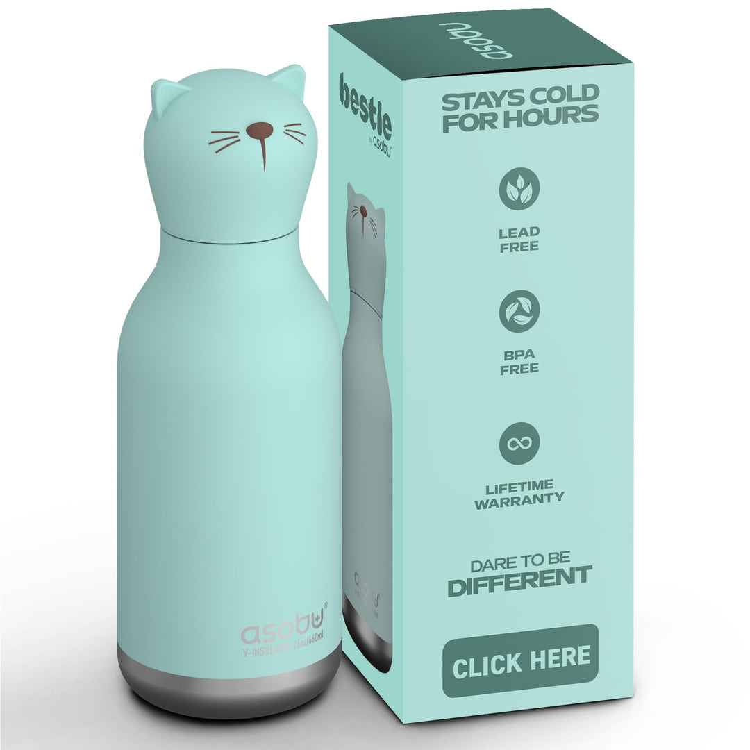 ASOBU Bestie Kindertrinkflasche mit Strohhalm – Isolierte Edelstahlflasche 420ml mit Katzenkopf – Au