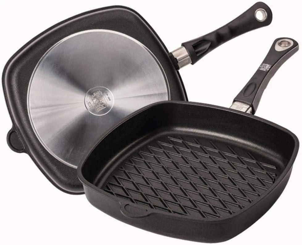 AMT Gastroguss E285BBQ Eckpfanne mit Rautengrillboden, 28 x 28 cm,Schwarz 28 cm x 28 cm, 28 cm x 28