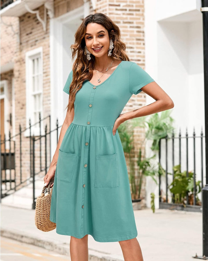 OUGES Sommerkleid Damen Casual Kleid V-Ausschnitt Midi Kleider Knopfleiste Freizeitkleid mit Taschen