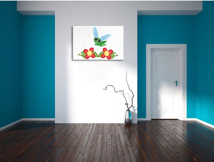Pixxprint süsse Libelle mit Blumen weiss, Format: 100x70 auf Leinwand, 100x70