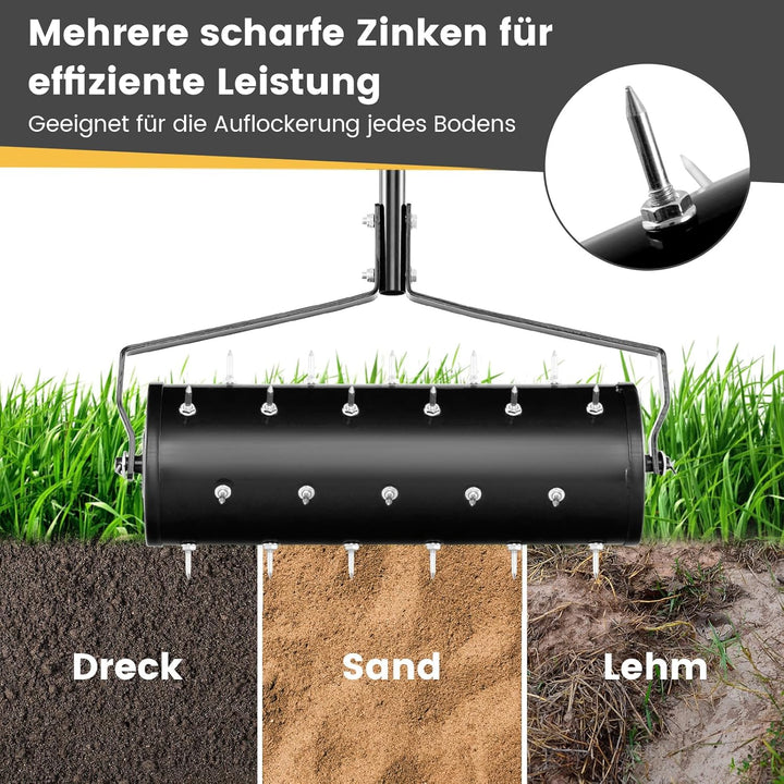 GOPLUS Rasenbelüfter, Handvertikutierer mit Stiel &amp; 3,4cm Nägeln, rollender Aerifizierer, manueller