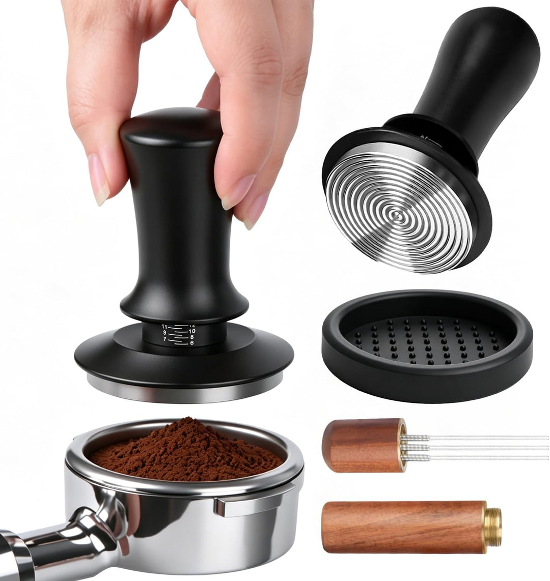 Tamper 58mm Set mit Mini Espresso Nadel und Espresso Tamper Matte | Gewindefuss und Verstellbarer Fe