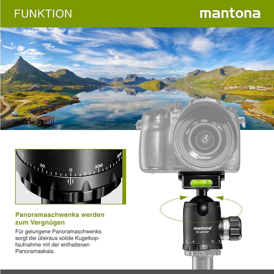 mantona Fortress Kugelkopf mit 40 mm Kugel I 360° Panorama-Funktion &amp; 3 Wasserwaagen I mit Arca Swis