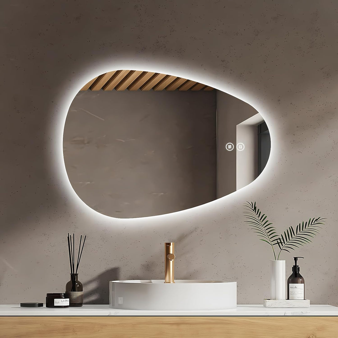 EMKE Badspiegel mit Beleuchtung Asymmetrischer LED Spiegel 70 x 50 cm, Touch-Schalter, Dimmbar 3 Lic