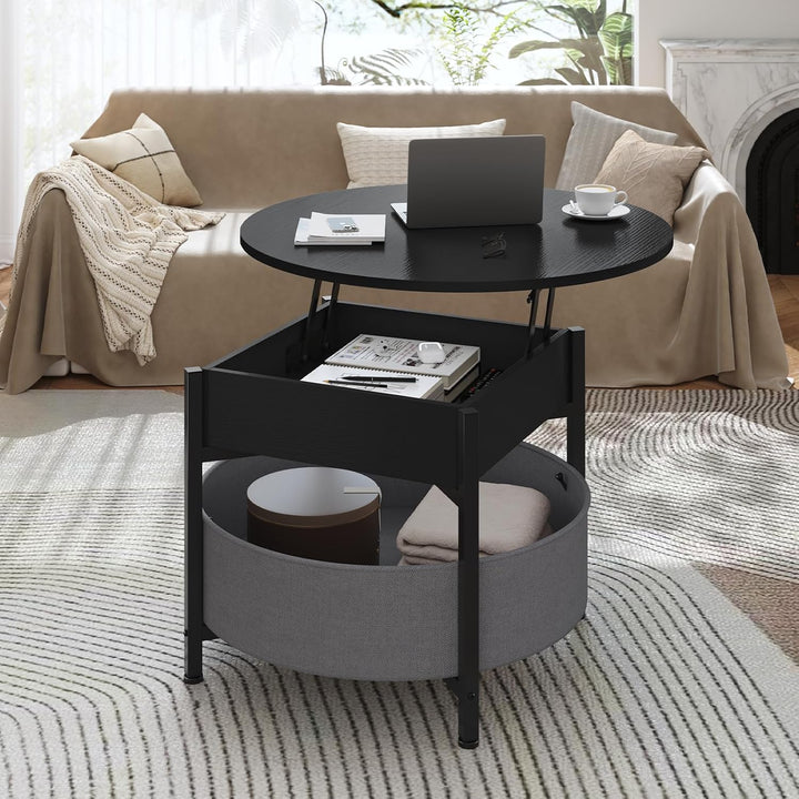 Couchtisch Rund mit Hebeplatte, Couchtisch Höhenverstellbar, Beistelltisch, Wohnzimmertisch mit Korb