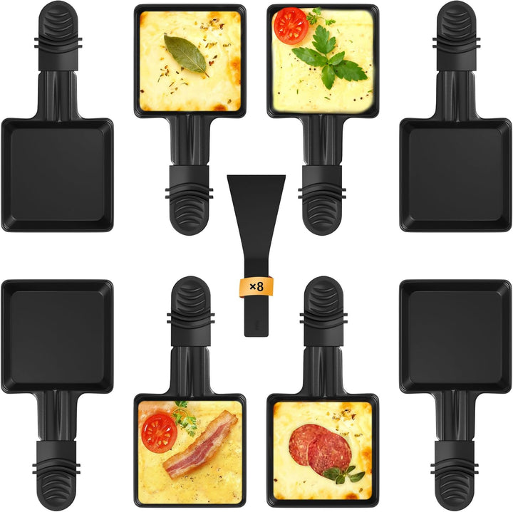 8er Set Raclette Pfännchen antihaftbeschichtet, Mini Grill Pfännchen Ersatz mit 8 Schaber und schwar