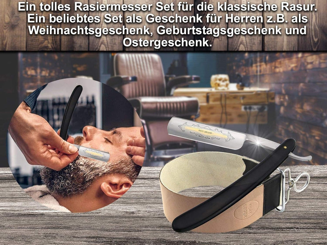 InstrumenteNrw Streichriemen mit Rasiermesser als Bartmesser Set - 2-Teilig - Klinge mit Goldätzung