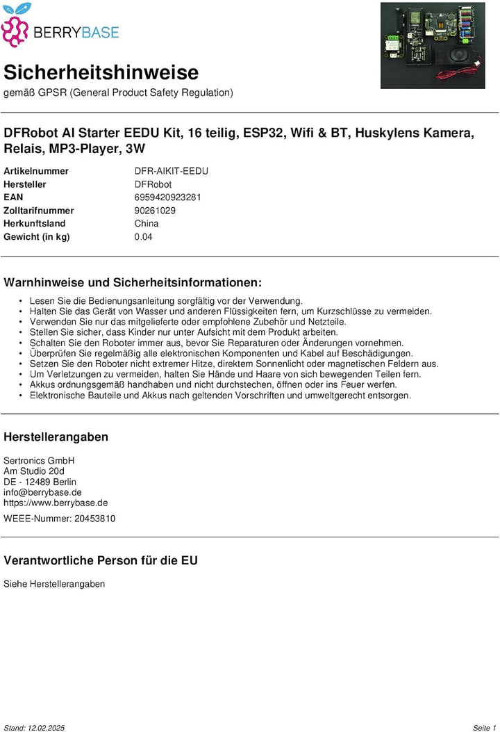 DFRobot AI Starter EEDU Kit, 16 teilig, ESP32, WiFi &amp; BT, Huskylens Kamera, Relais, MP3-Player, 3W