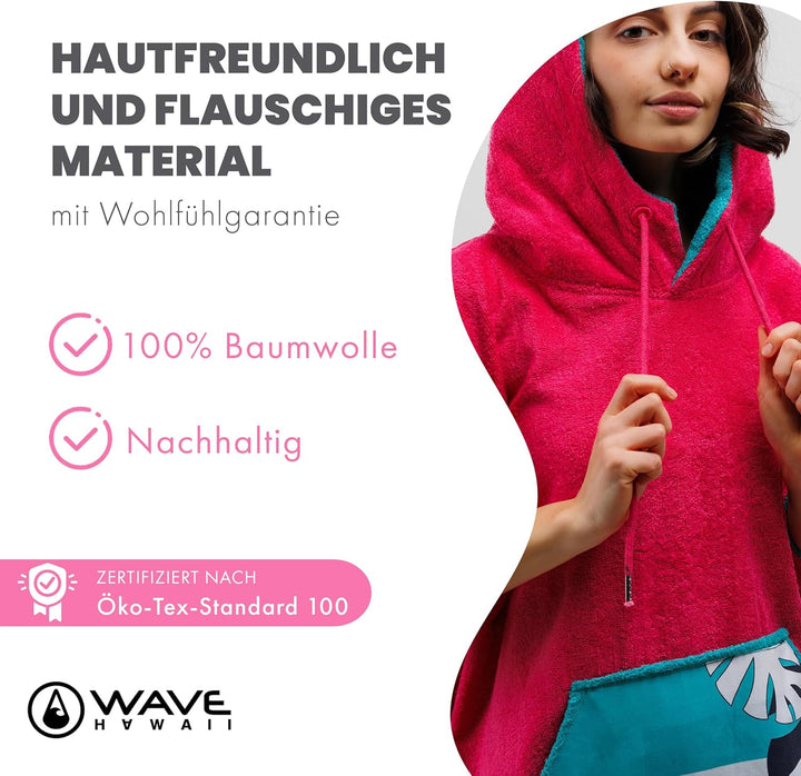 WAVE HAWAII Poncho Pink Wave Surfponcho 100% Baumwolle für Körpergrössen von 145-175 cm Umkleidehilf
