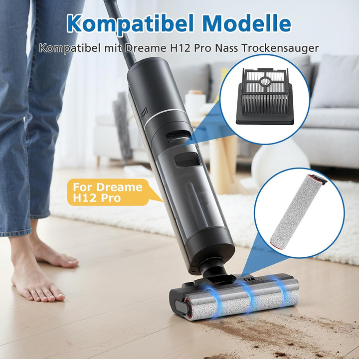 Bürstenrolle Filter Zubehör Kompatibel mit Dreame H12 Pro Trockensauger, 2 Bürstenrolle + 2 Filter +