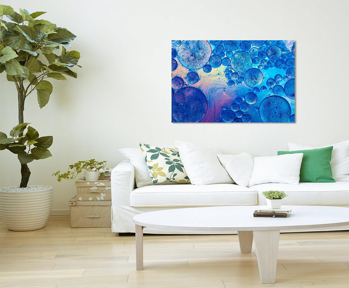 Paul Sinus Art XXL Fotoleinwand 120x80cm Künstlerische Fotografie – Blaue Öltropfen auf Leinwand Exk