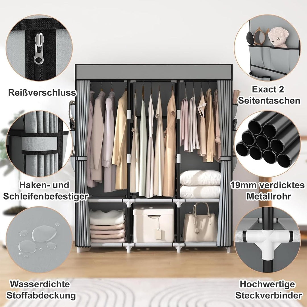 Kleiderschrank, Stoffschrank, Kleiderschränke mit Abdeckung, 3 Kleiderstangen, 6 Ablageflächen und S