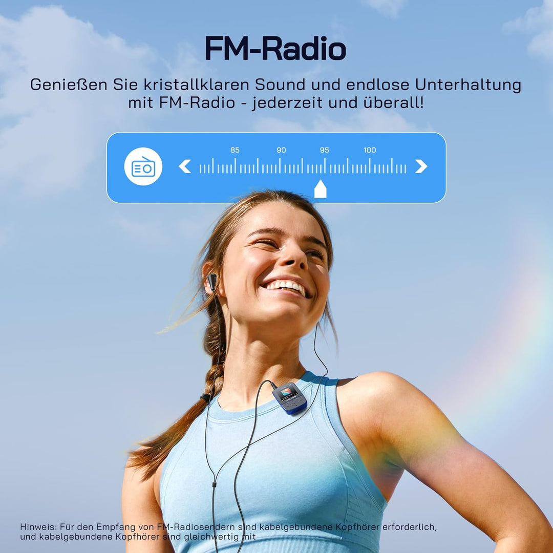 WOLFANG 64 GB MP3-Player mit Bluetooth 5.2, Sportclip, Mini-Grösse, Gewicht 28,3 g, HiFi FM-Radio, D