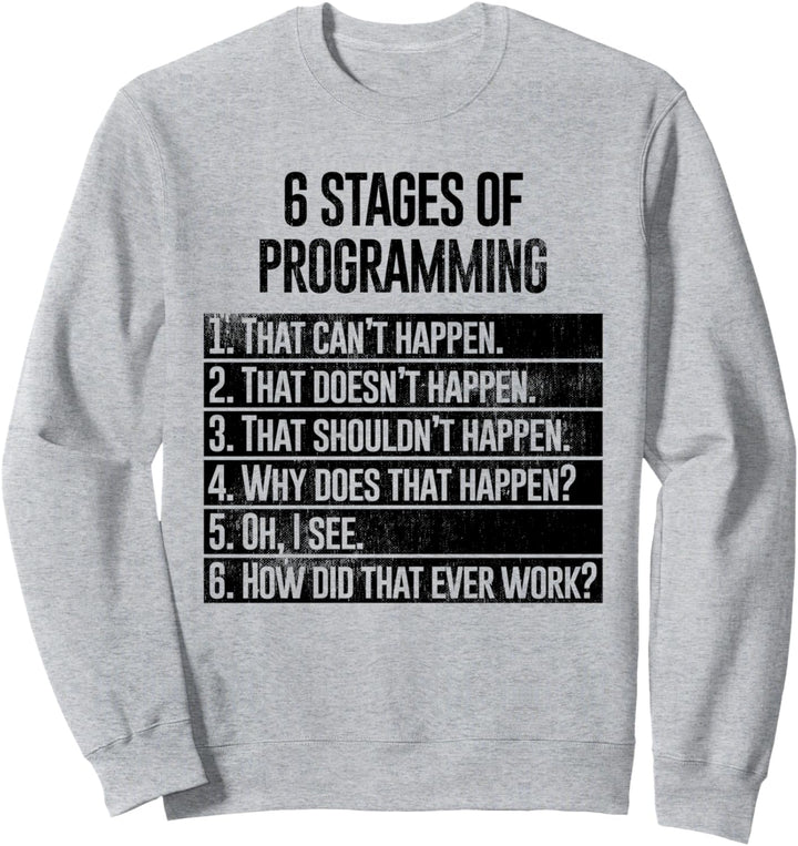 Funny Distressed 6 Stages of Debugging Bug Coding Programmer Sweatshirt