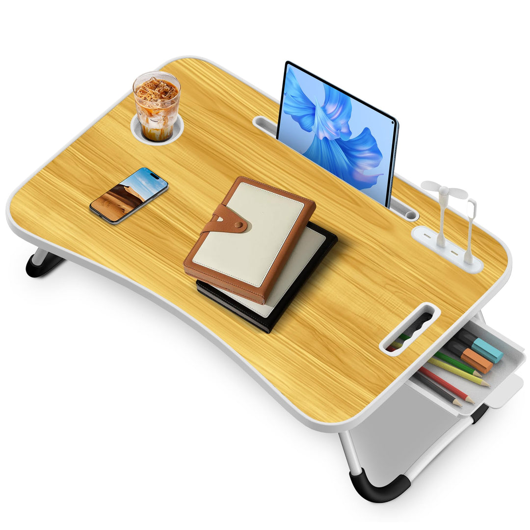 Soontrans Laptoptisch, 60 x 40 x 28 cm, Laptop Tisch mit Schublade, Getränkehalter, Kleiner Ventilat