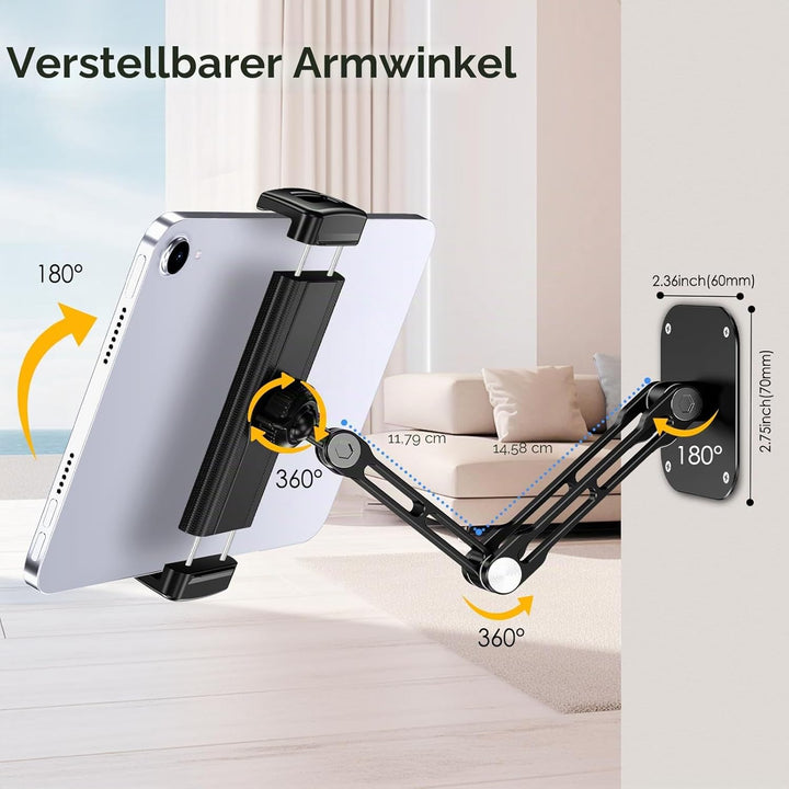 Lucrave Tablet Wandhalterung, Aluminium ausziehbare iPad Wandhalterung, mit 360° drehbarer Basis ein