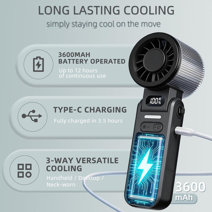 Handventilator Tragbarer Mini Ventilator mit 100 Stufen, USB Ventilator Wiederaufladbarer Akku, 3-in