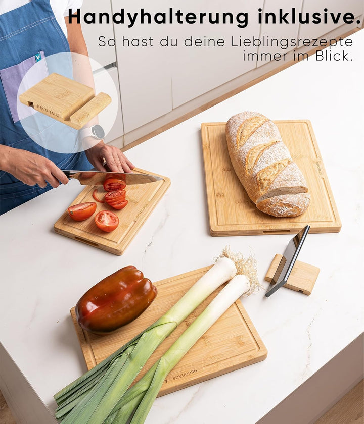 Deco haus Schneidebrett Holz 3er Set aus Robustem Bambus [2cm DICKE] - Schneidebretter mit Saftrille