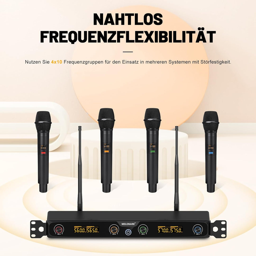 4-Kanal Wireless Mikrofon System, UHF Rackmount Kabelloses Mikrofon Set mit 4X 10 Frequenzen, 260ft