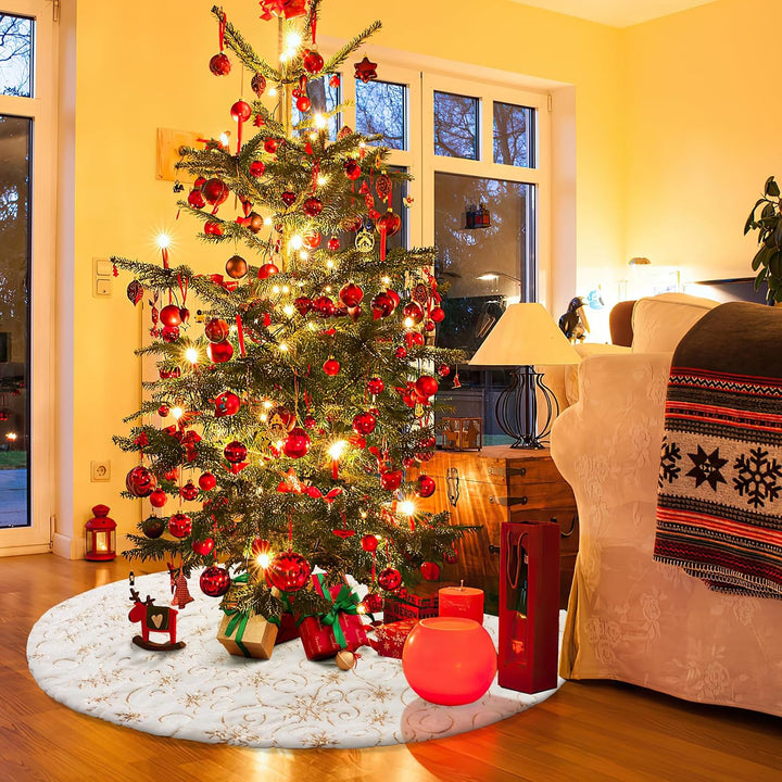 Dremisland Weihnachtsbaum Röcke Grosse Weiss &amp; Golden Plüsch Weihnachtsbaumdecke mit Pailletten Schn