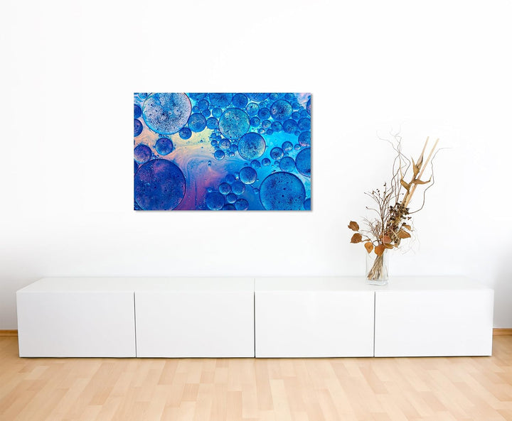 Paul Sinus Art XXL Fotoleinwand 120x80cm Künstlerische Fotografie – Blaue Öltropfen auf Leinwand Exk