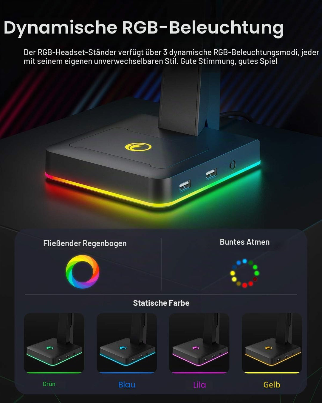 RGB Gaming Headset Ständer mit 2 USB Ports, Game Kopfhörer Halterung für PC, Xbox One, PS4, Switch,