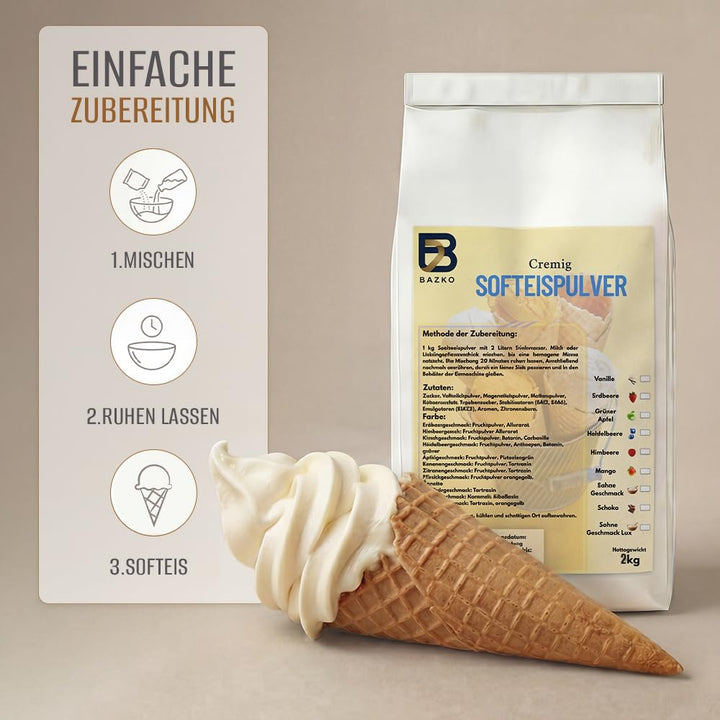 Bazko Sahne Geschmack Eispulver für Eismaschine | Softeispulver Speiseeispulver 2 kg für 6 kg Eis |