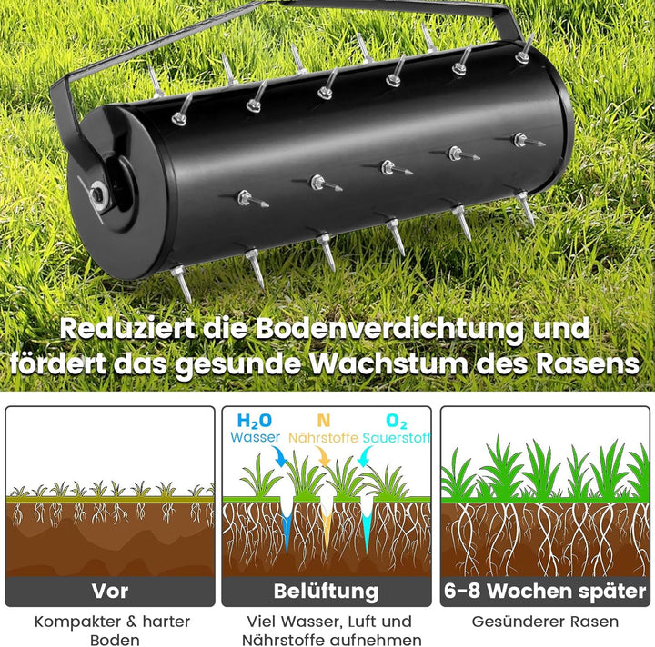 GOPLUS Rasenbelüfter, Handvertikutierer mit Stiel &amp; 3,4cm Nägeln, rollender Aerifizierer, manueller