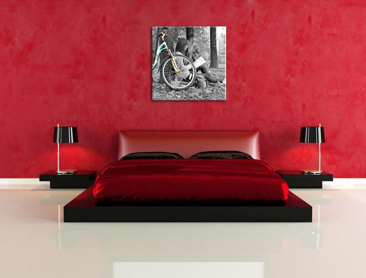 Pixxprint Junges Mädchen mit Fahrrad schwarz/weiss, Format: 70x70 auf Leinwand, 70x70