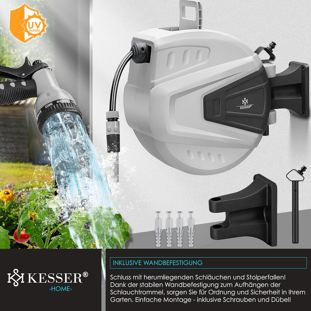 KESSER® Schlauchtrommel 30+2m Schlauchaufroller Wasser | Multi-Handbrause | 180° Schwenkbar | Aufwic