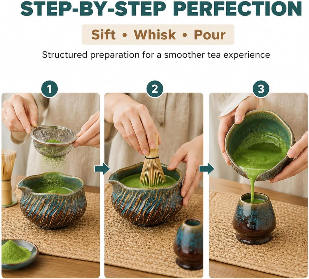 Matcha Set 7 Teilig, Matcha Tee Set Mit Schale, Bambusbesen, Halter, Sieb Und Löffel, Keramik Teeset